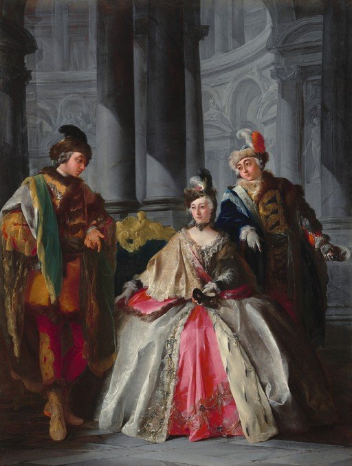 Venetian Masquerade Scene with Three Figures