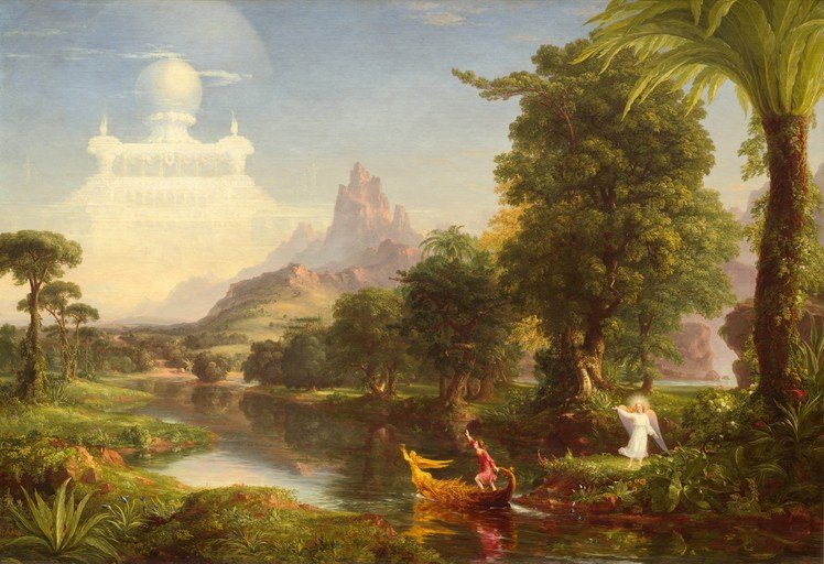 Angel Guides Man in Boat Through Lush Landscape
