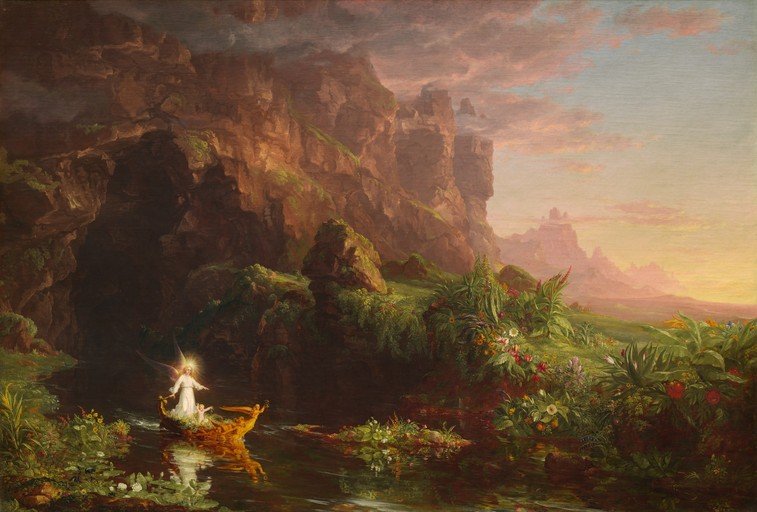 Angel Guiding a Boat Through a Lush, Rocky Landscape
