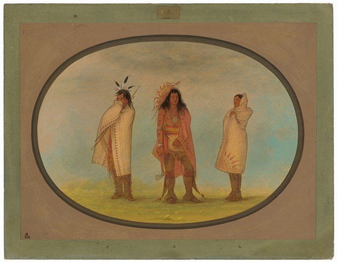 Three Native American figures in traditional attire