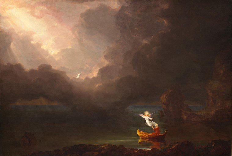 Angel Ascends from Boat in Dramatic Sky