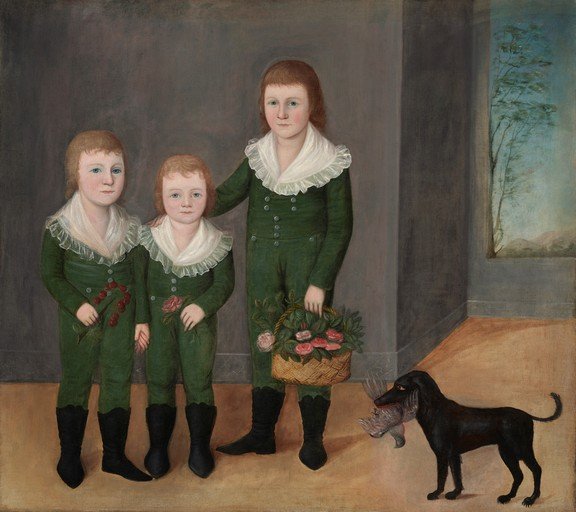 Portrait of Three Boys with a Dog and Flowers