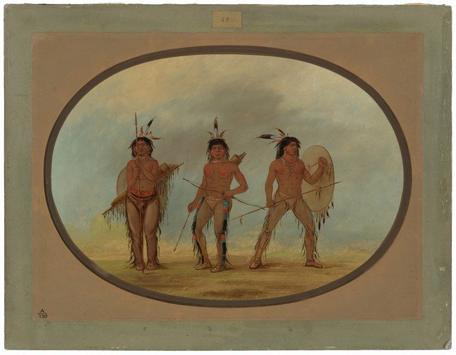 Three Native American Warriors with Shields and Spears