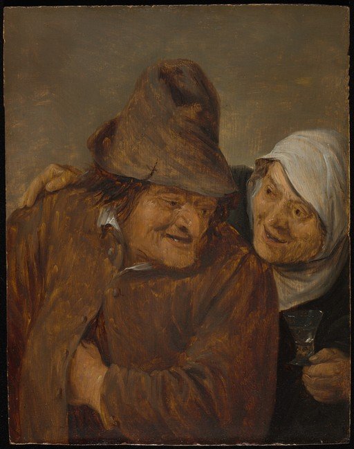 Two Elderly Figures Sharing a Drink