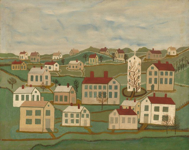 Folk Art Painting of a Village Landscape