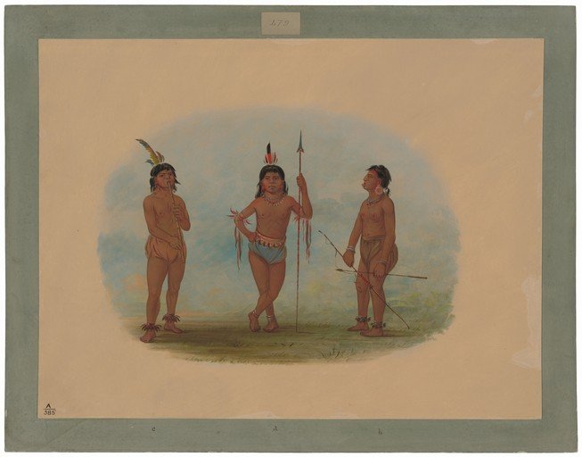 Three Native American Youths with Traditional Attire and Weapons