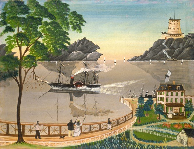 Steamboat on a River with Figures and Buildings