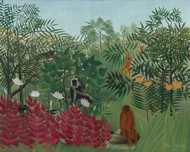The Jungle Scene with Monkeys and Birds
