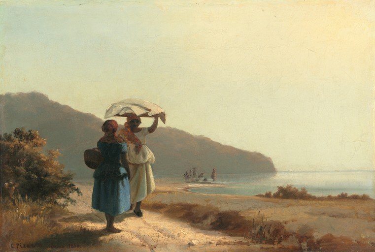 Two Women on a Coastal Path with Distant Ships