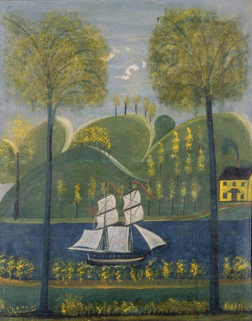 Folk Art Painting of a Ship on a River with Rolling Hills