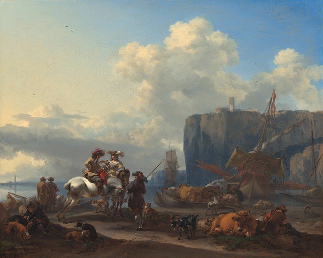 Coastal Scene with Figures, Livestock, and Ships