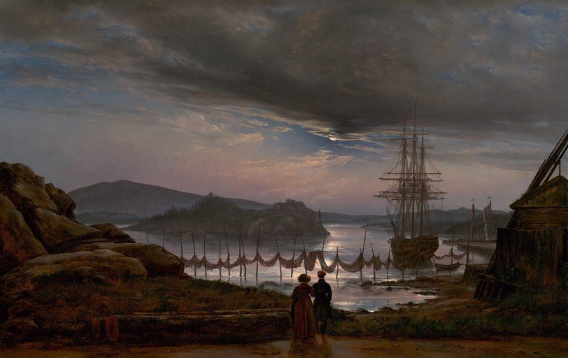 Romantic Harbor Scene with Sailing Ship and Figures