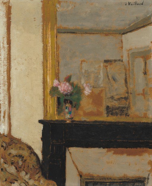 Interior Scene with Flowers and Fireplace