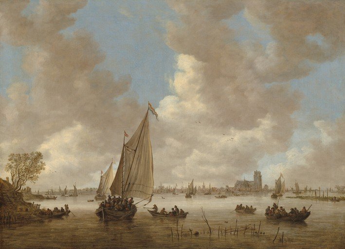 Dutch Ships on a River with Cityscape