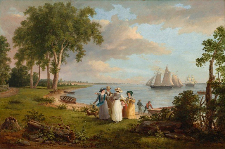 19th Century Landscape with Figures and Sailboats