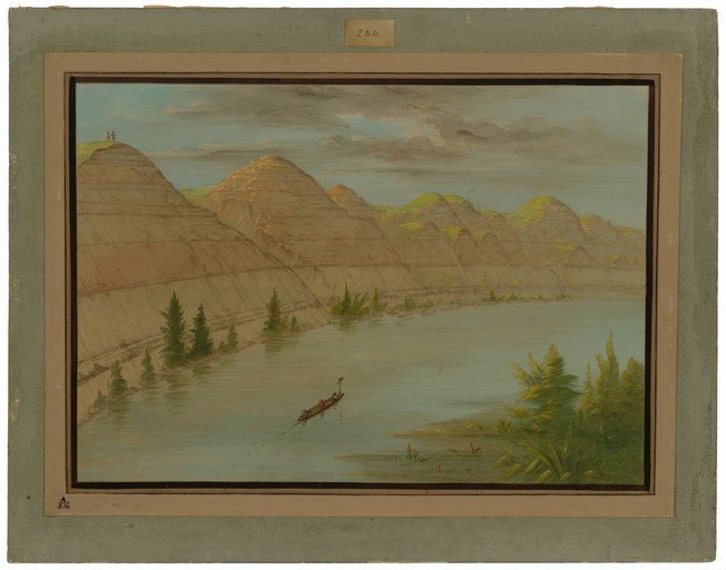 Painting of a River Landscape with Hills and a Canoe