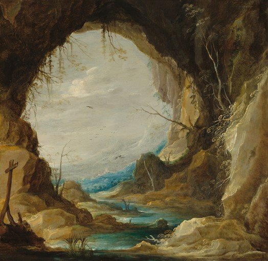 Cave Landscape with River and Birds
