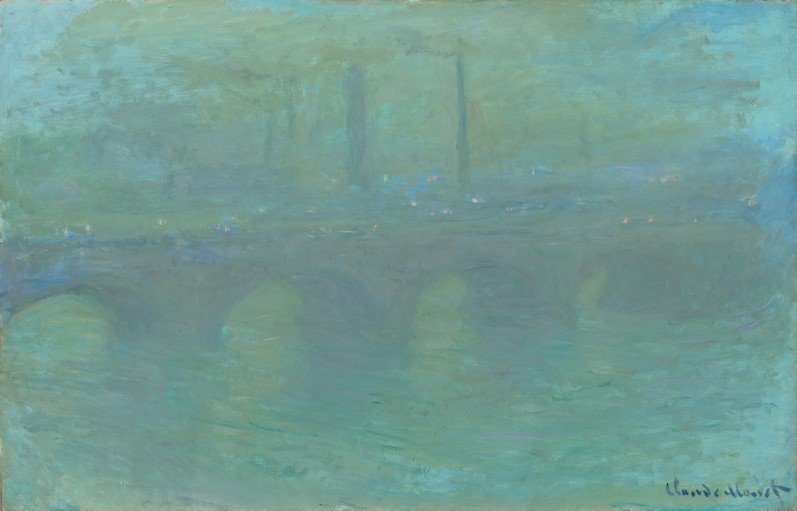 Impressionist Bridge Scene in Hazy Blue and Green Tones