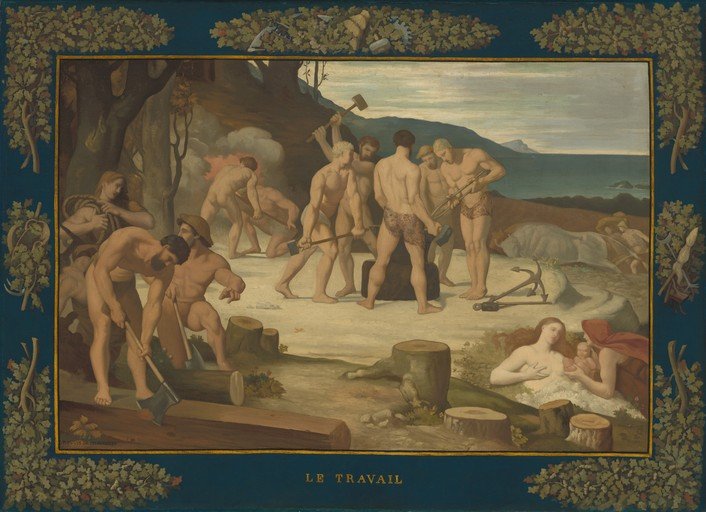 Allegory of Labor: Men Forge and Chop Wood, Women Tend to Child