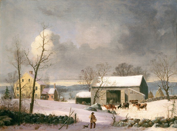 Winter Farm Scene with Cattle and Farmer