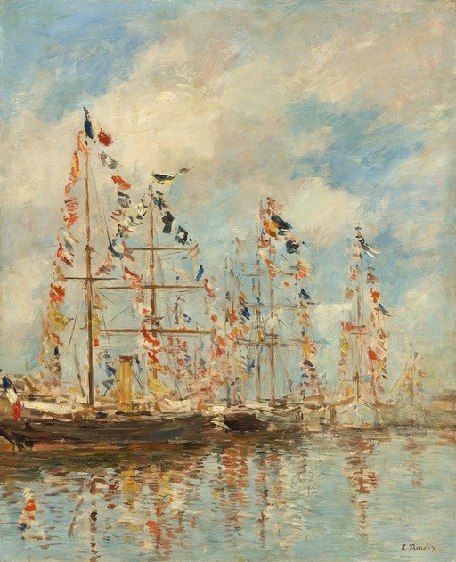 Sailing Ships Decorated with Flags in a Harbor
