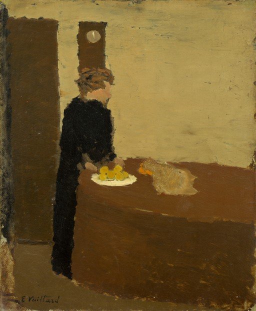 Woman in Black Dress with Fruit on Table