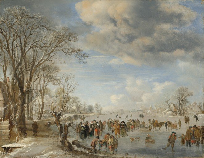 Winter Scene with Skaters and Sleds