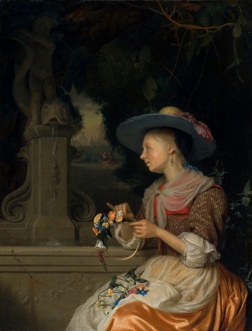Woman Weaving a Flower Garland by a Fountain