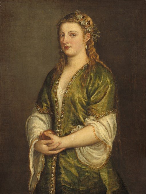 Portrait of a Woman with a Flower Crown and Apple