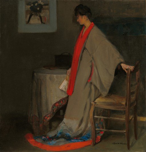 Woman in Kimono with Fan and Chair