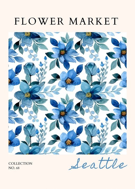 Blue Floral Pattern with "Flower Market Seattle"