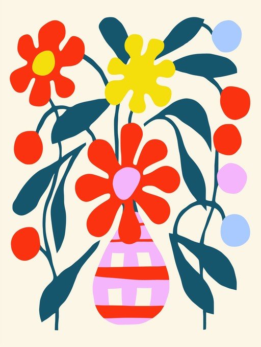 Abstract Floral Arrangement in a Striped Vase