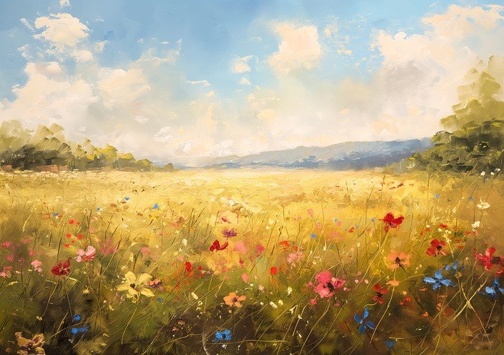 Impressionist Meadow with Wildflowers and Distant Hills