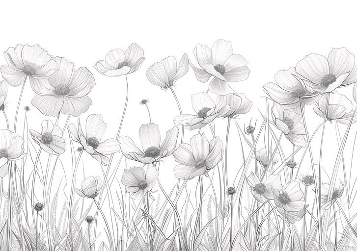 Delicate Line Art Cosmos Flowers in a Field