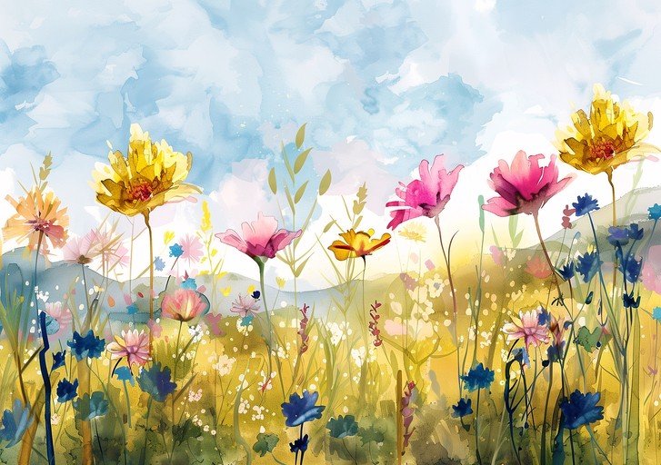 Watercolor Meadow with Vibrant Wildflowers and Blue Sky