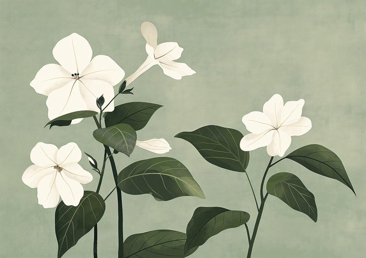 White Flowers and Green Leaves on Textured Background