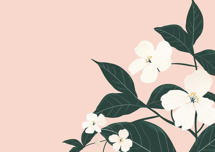 Delicate White Flowers and Dark Green Leaves on Pink Background