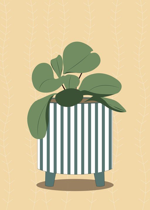 Potted Plant with Striped Planter and Leafy Pattern