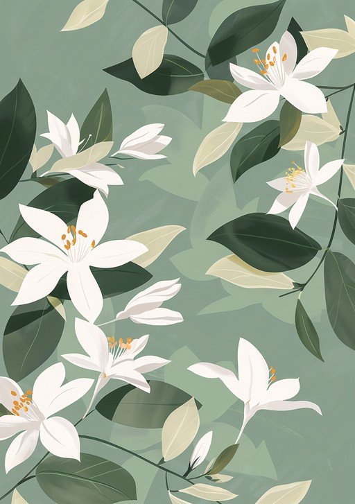 White Jasmine Flowers and Green Leaves Pattern