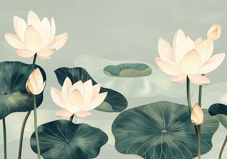 Serene Lotus Flowers and Lily Pads
