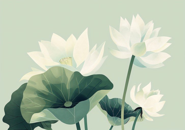 Serene White Lotus Flowers and Leaves