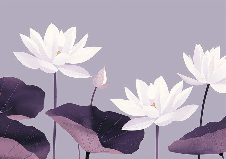 Serene White Lotus Flowers and Purple Leaves
