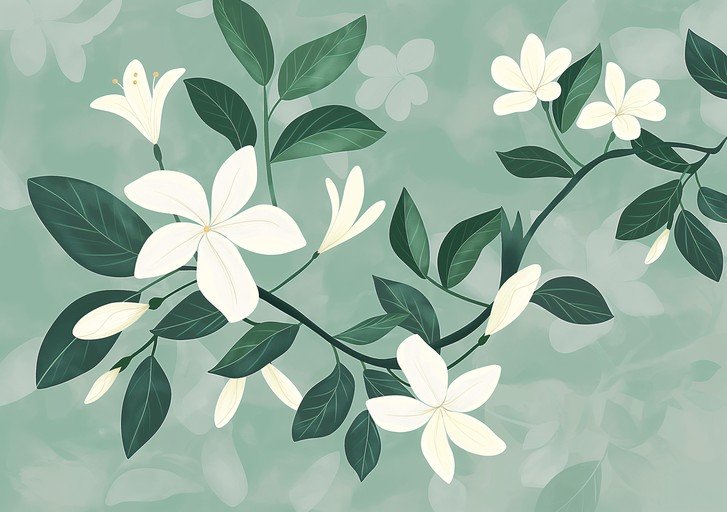 Delicate White Jasmine Flowers on Green Background