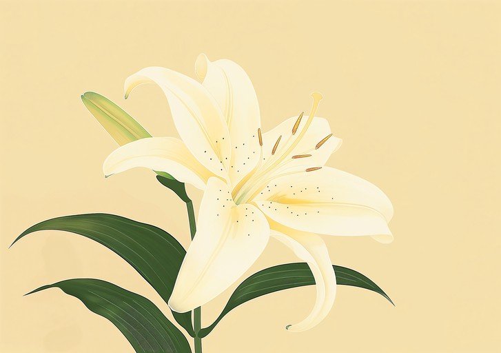 Elegant White Lily with Green Leaves on Soft Yellow Background