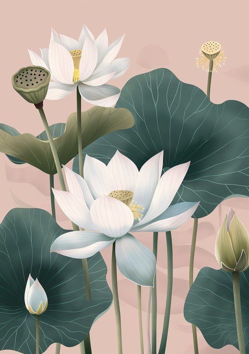 Serene White Lotus Flowers and Green Leaves on Pink Background