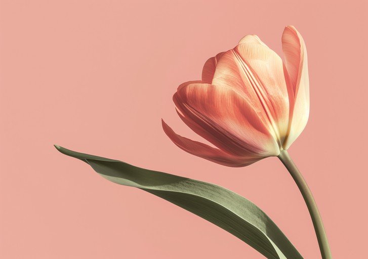 Elegant Coral Tulip with Green Leaf on Pink Background