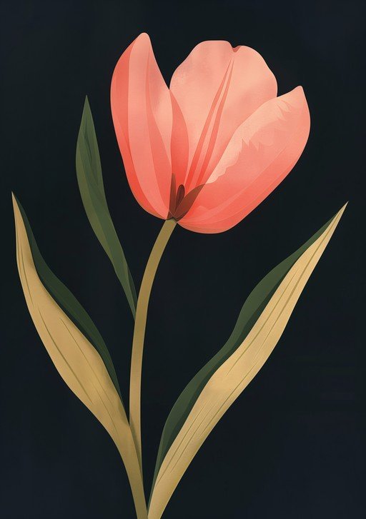 Coral Tulip with Green Leaves on Dark Background