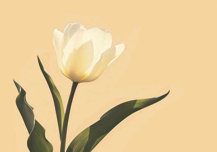 Elegant White Tulip with Green Leaves on Soft Yellow Background