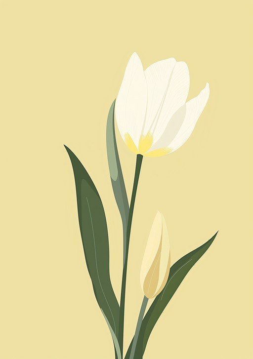 Elegant White Tulip with Bud on Yellow Background