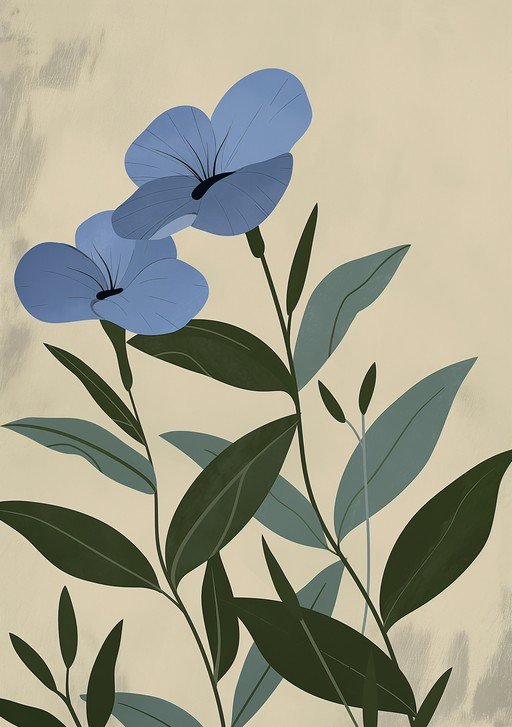 Blue Flowers and Green Leaves Botanical Illustration